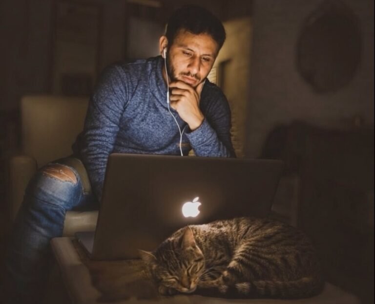 Hombre trabajando de noche frente a una notebook, con un gato dormido a su lado